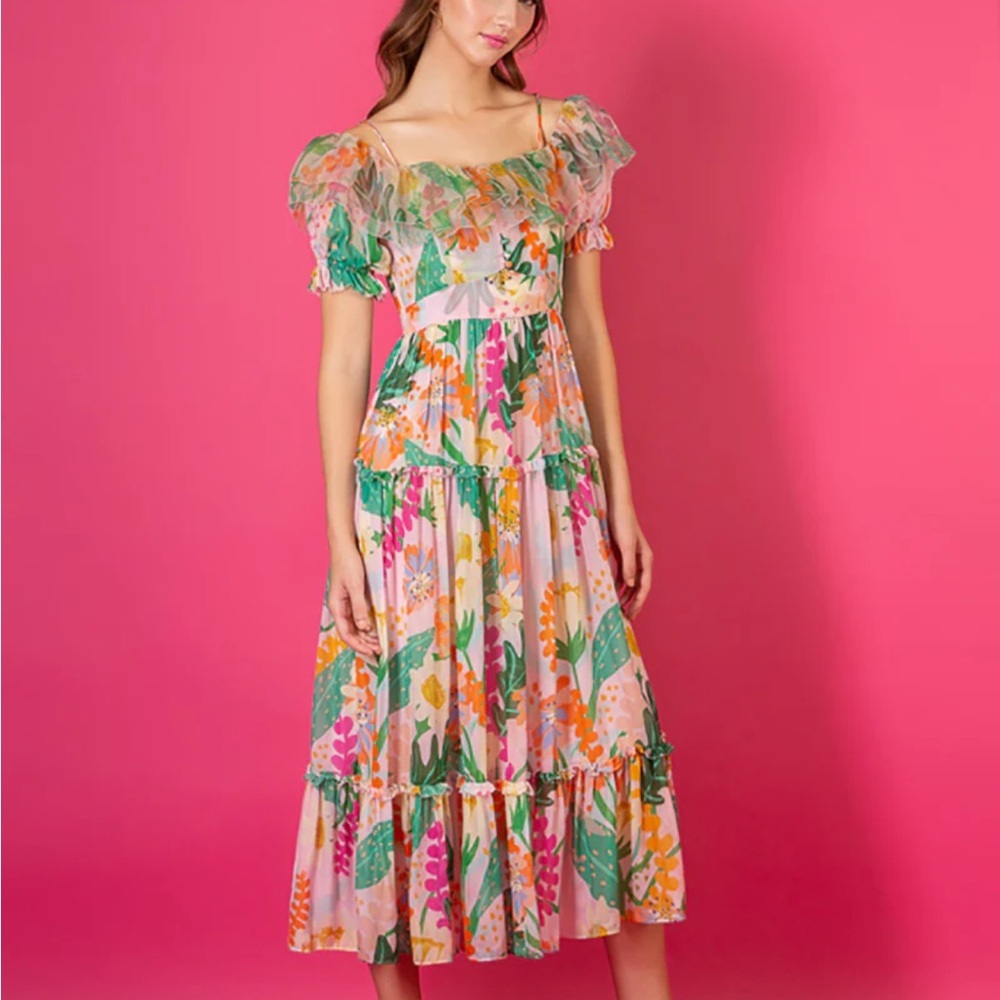 Jessie Liu Summer Floral Tiered Silk Midi Dress Size Medium - Picture 2 of 12